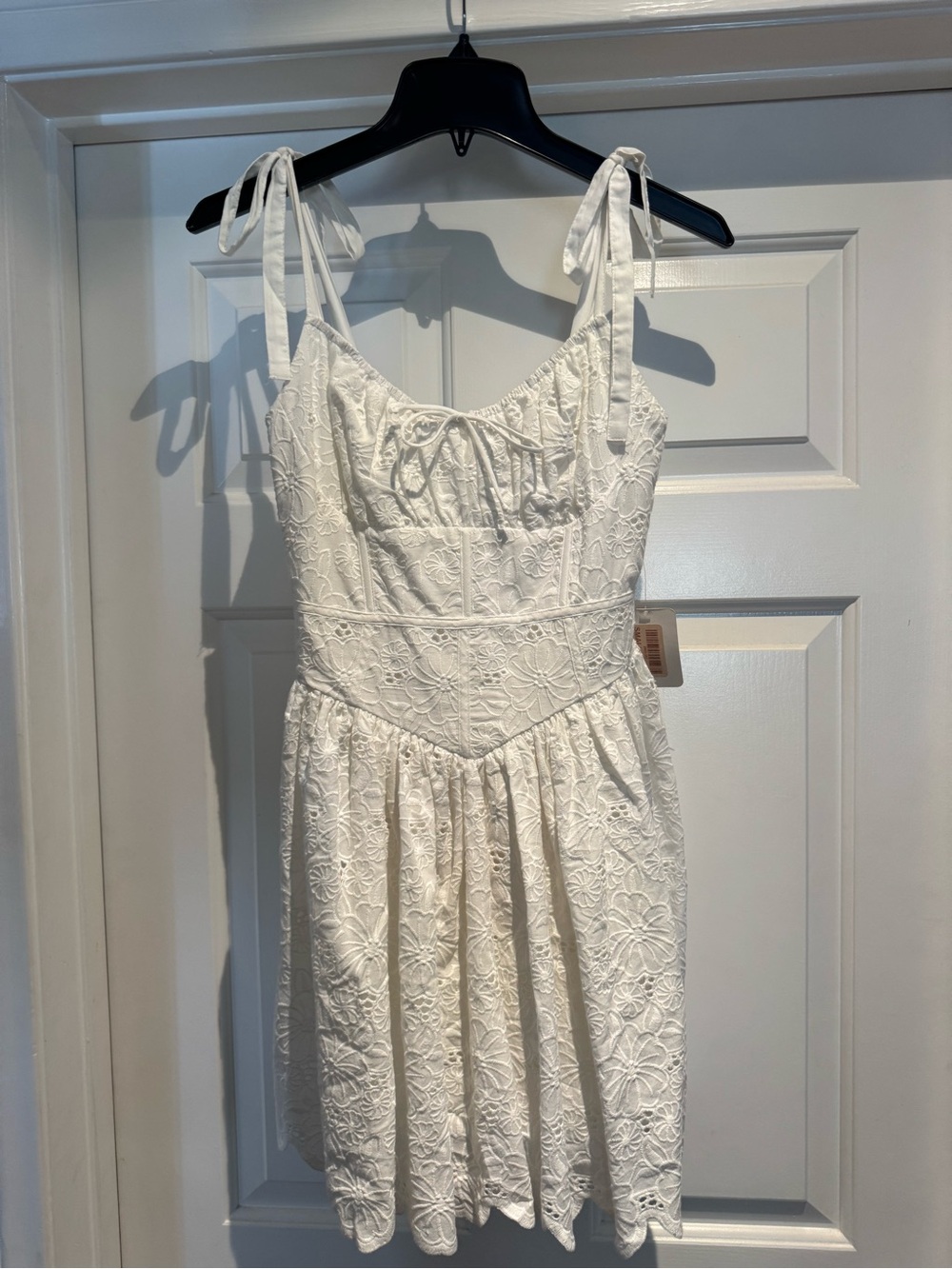 Olivaceous White Floral Eyelet Corset Tie-Shoulder Mini Dress